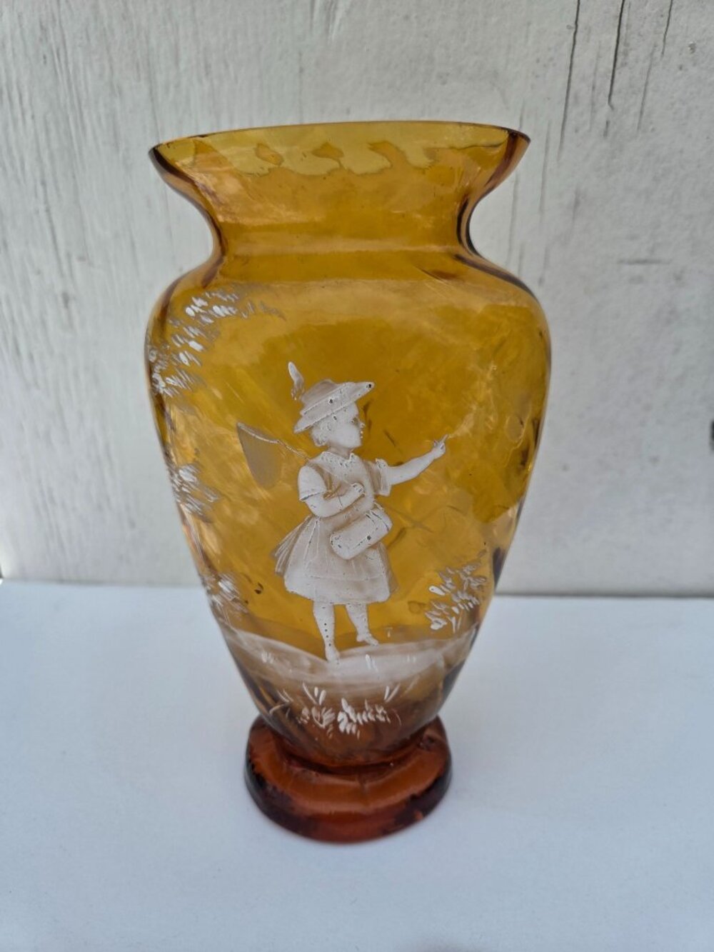 Vintage Amber Mary Gregory Painted Glass Vase 7.5" - Hand-Painted Pastoral Scene